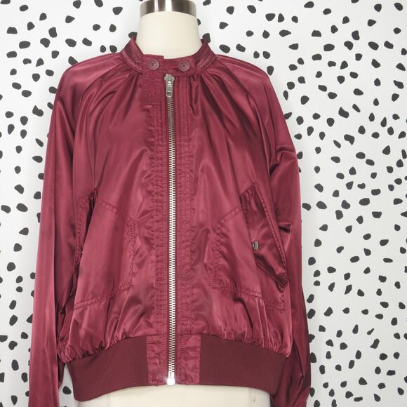 Free People Satin Zip Up Wine Midnight Bomber Jacket - Picture 4 of 10
